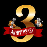 Golden 3 Years Anniversary Template with Red Ribbon Vector Illus