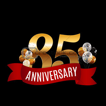 Golden 85 Years Anniversary Template with Red Ribbon Vector Illu