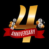 Golden 4 Years Anniversary Template with Red Ribbon Vector Illus