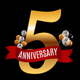 Golden 5 Years Anniversary Template with Red Ribbon Vector Illus