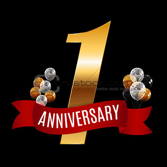 Golden 1 Years Anniversary Template with Red Ribbon Vector Illus