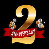 Golden 2 Years Anniversary Template with Red Ribbon Vector Illus