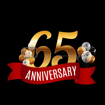 Golden 65 Years Anniversary Template with Red Ribbon Vector Illu