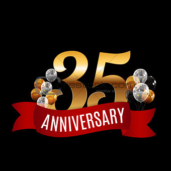 Golden 35 Years Anniversary Template with Red Ribbon Vector Illu