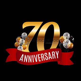 Golden 70 Years Anniversary Template with Red Ribbon Vector Illu