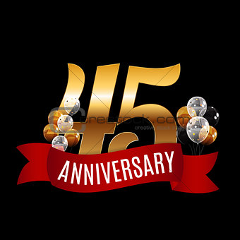 Golden 45 Years Anniversary Template with Red Ribbon Vector Illu