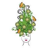 women face with flowers and butterflies