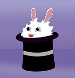 White cartoon rabbit sits in a magician's hat