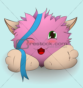 Cartoon pink creature with blue ribbon