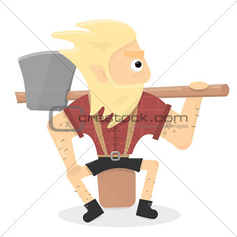 Lumberjack illustration. Cartoon character is a brutal man with an axe sitting on a stump.