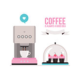 Coffee machine and delicious muffins on tray on white background
