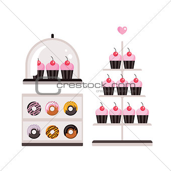 Delicious sweet desserts Donuts Cupcakes isolated on white background