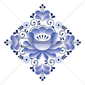 Russian Gzhel pattern - square shape, floral retro design