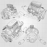 A set of several types of powerful car engine. The engine is drawn with black lines on a white sheet in a cage