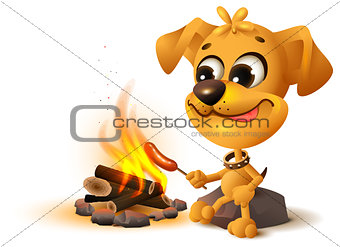 Yellow fun dog fries sausage at fire stake