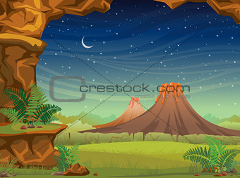 Prehistoric landscape with volcanoes at night.