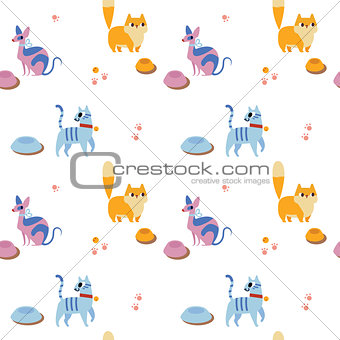 Unusual seamless pattern with cute cartoon cats.