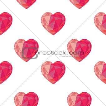 Low poly crystal bright pink hearts seamless pattern.