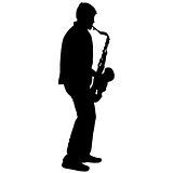 Silhouette musician, saxophonist player on white background, vector illustration