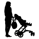 Black silhouettes Family with pram on white background. Vector illustration