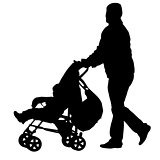Black silhouettes father with pram on white background. Vector illustration
