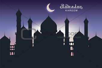 Ramadan Kareem text greeting card. Night architecture of eastern city silhouette mosque