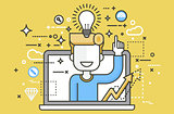 Vector illustration man with idea lamp light bulb above head and index finger up design element for solution service business online help presentation startup line art