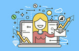 Vector illustration woman laptop notebook delivery receive of letter posts design element mail, subscription, email marketing, newsletter online management line art