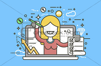 Vector illustration woman in laptop notebook offers fill in application form design element education, subscription email marketing newsletter online management line art