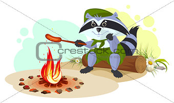 Raccoon scout fry sausages on fire