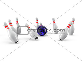 Bowling Ball crashing into the pins. 3D rendering
