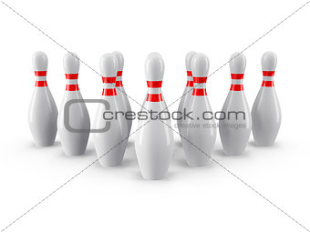 Bowling pins with gray shadow on white background. 3D rendering