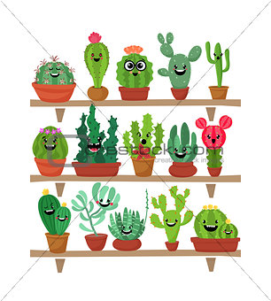 Big set of cute cartoon cactus and succulents with funny faces. Cute stickers or patches or pins collection. plants are friends set.Funny and cute cartoon desert cactus in pots vector set