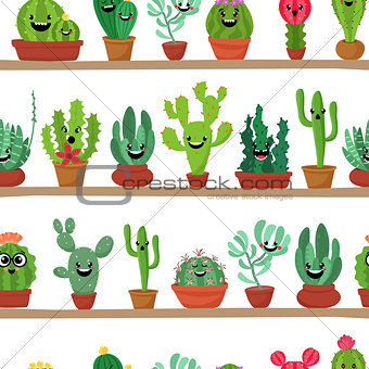 Collection of abstract cactuses in flower pot on shelves.