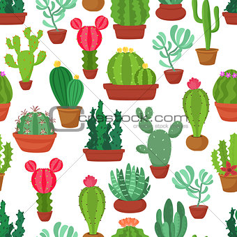 Colorful seamless pattern of funny cactus and succulent. Houseplant and wild cactus background.