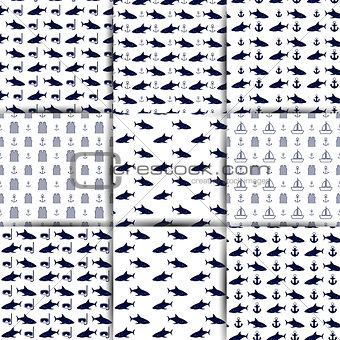 Set of nautical seamless backgrounds, vector illustration.