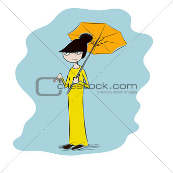 Vector colorful illustration of a japanese geisha, funny girl in maxi dress with umbrella