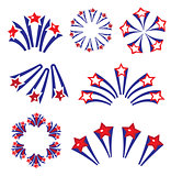 Fireworks, salute in traditional colors USA set of elements for your design. America s Independence Day, July 4, concept. Vector illustration.