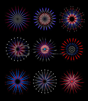 Fireworks, salute in traditional colors USA set of elements for your design. America s Independence Day, July 4, concept. Vector illustration.