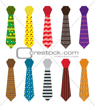 Set of multicolored ties with different patterns. Father s day or men s fashion concept isolated on white background. Vector illustration.