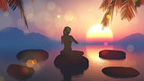3D female in yoga pose against sunset sky