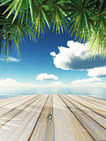 3D wooden table looking out to tropical ocean