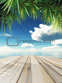 3D wooden table looking out to tropical ocean