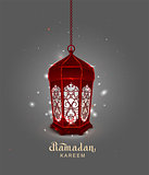 Ramadan Kareem lettering text template greeting card. Red Lamp riental ornament