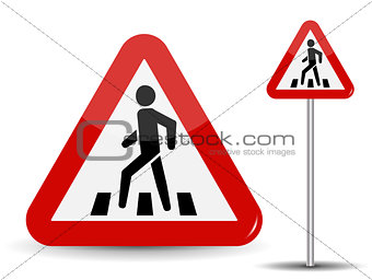 Road sign Warning. In Red Triangle man at pedestrian crossing. Vector Illustration.