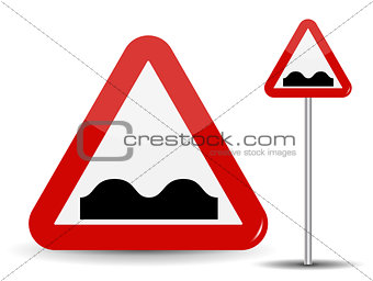 Road sign Warning Uneven road. In Red Triangle image of bad cover with pits. Vector Illustration.