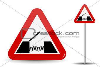 Road sign Warning Drawbridge. In Red Triangle are schematically depicted coast, water and bridge. Vector Illustration.