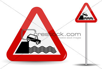 Road sign Warning Departure to embankment. In Red Triangle, the coast, water and car are schematically depicted. Vector Illustration. 