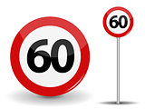 Round Red Road Sign Speed limit 60 kilometers per hour. Vector Illustration.