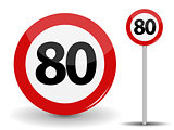 Round Red Road Sign Speed limit 80 kilometers per hour. Vector Illustration.